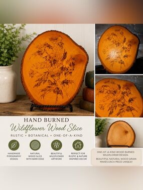 Handcrafted Wood Slice Wall Art Rustic Wildflower Pyrography Burned Wood Plaque